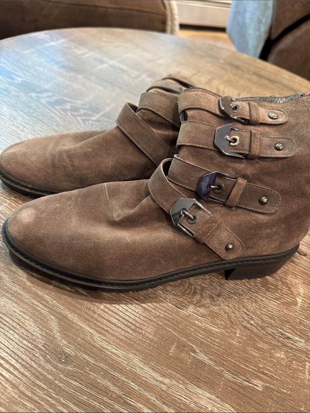 Stuart Weitzman Brown Suede Ankle Boots with Buckle Straps